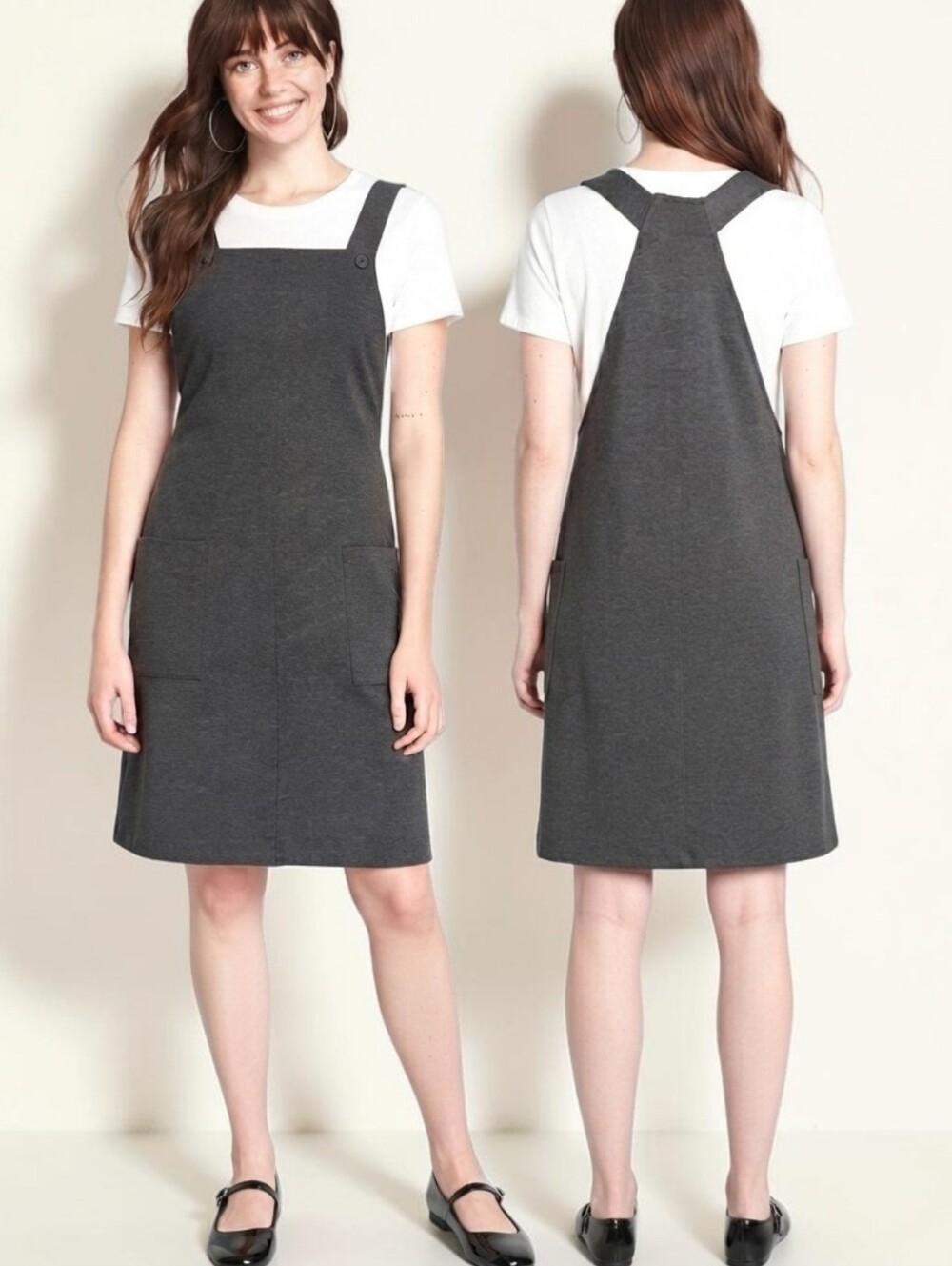 MODCLOTH Charcoal Gray Apron Pinafore Jumper Dress with Pockets - Size L